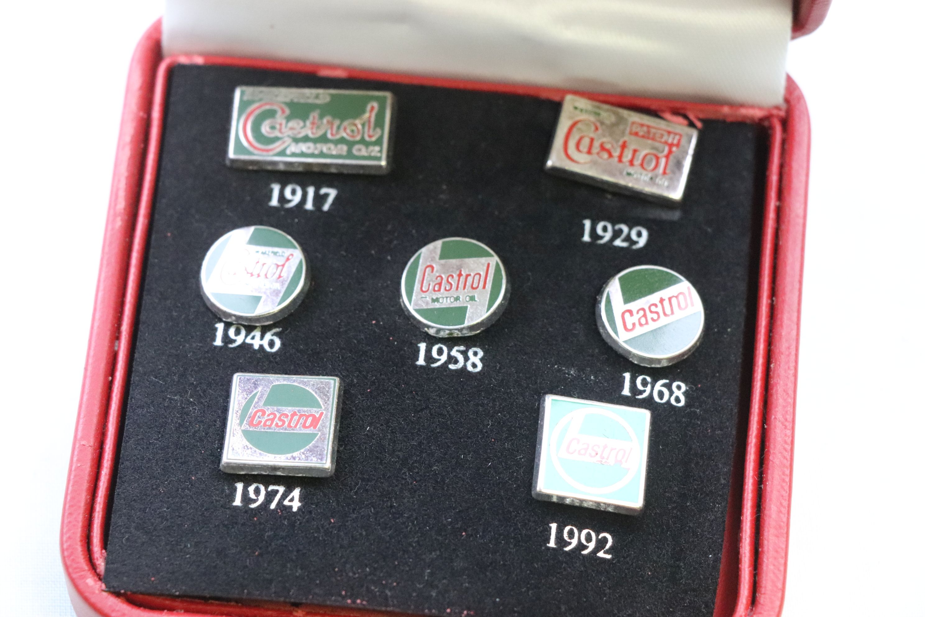 Seven Castrol motor oil advertising enamelled pin badges for years 1917, 1929, 1946, 1958, 1968, - Image 2 of 4