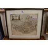 Antique Robert Morden Hand Coloured Map of Somerset, framed and glazed