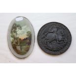 Oil Painting on Glass of Rural Scene and a Cast Plaque St George & Dragon