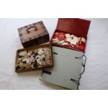 A small parquetry inlaid burr wood manicure box, missing contents, bone game counters, cigarette