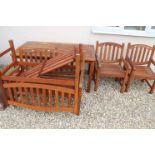 Teak Garden Furniture Set comprising Table (150cms long), Two Benches and Two Chairs with Arms