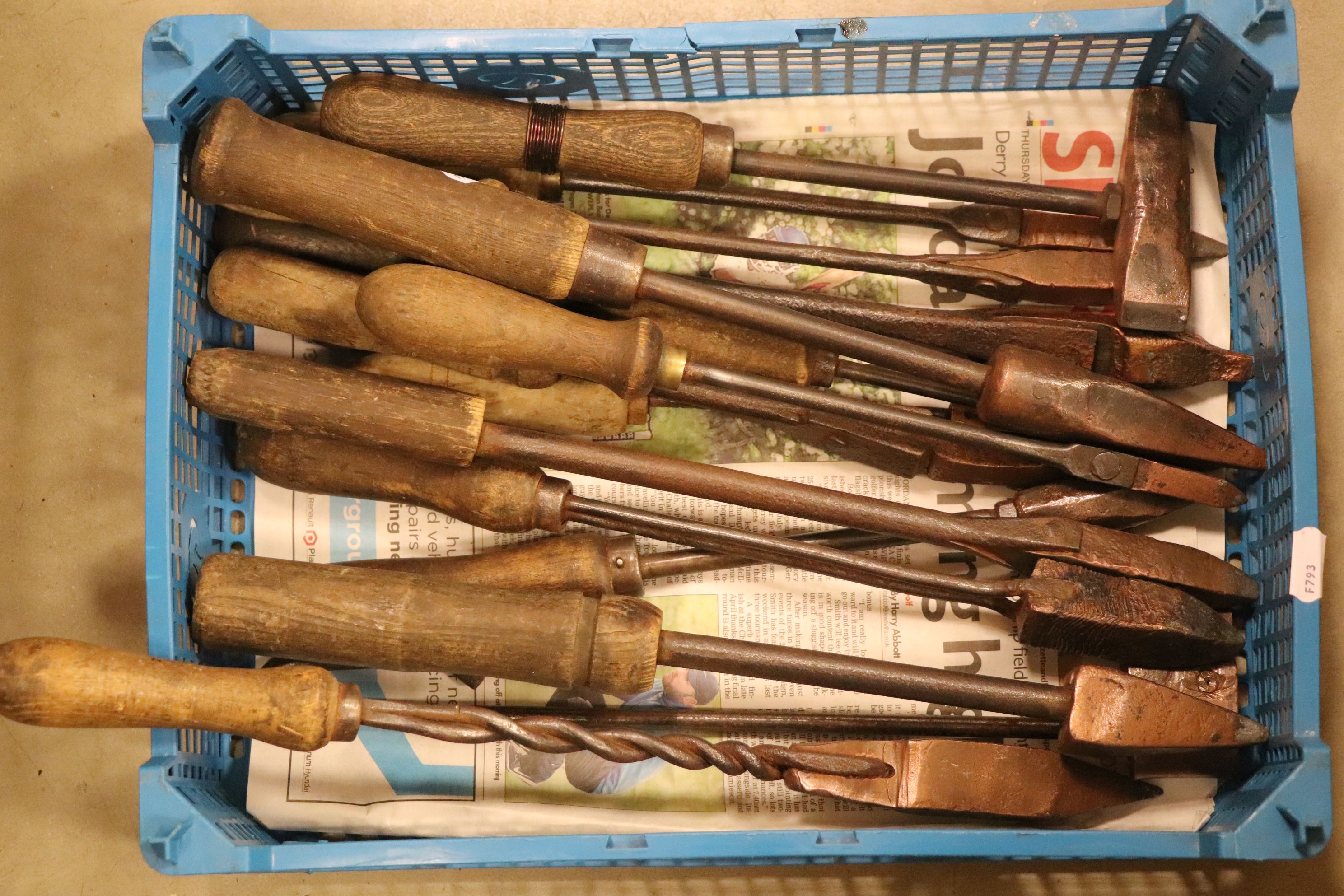 Sixteen Vintage Wooden Handled Copper Tipped Soldering Irons