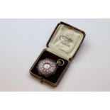 Silver enamelled half hunter fob watch of octagonal form, engraved floral and scroll design case