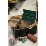 Late 19th / Early 20th century Stained Pine Tool Box with Two Small Oil Cans, Saw, Two Metal Tool