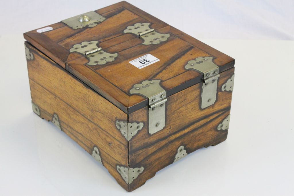 Oriental Wooden Box with Metal Fittings, internal drawer and fold open lid revealing a vanity - Image 4 of 4