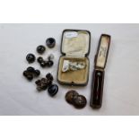 Sewing items to include bulls eye agate buttons, Victorian agate buttons, early 20th century