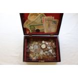 Assorted coins contained within a Victorian sewing box (missing contents) to include foreign bank