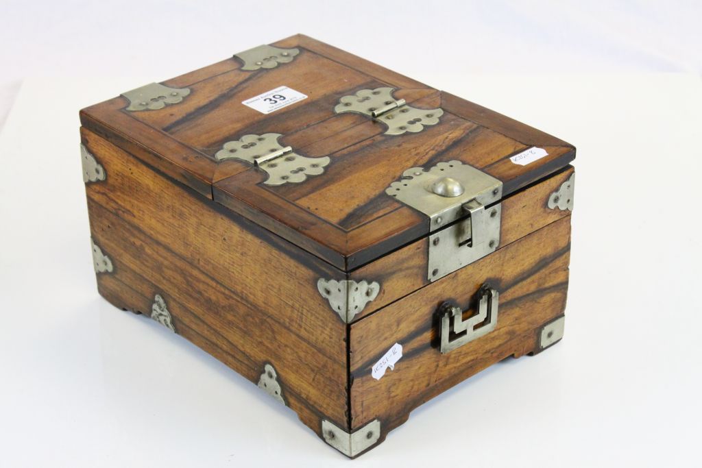 Oriental Wooden Box with Metal Fittings, internal drawer and fold open lid revealing a vanity