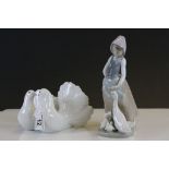 Lladro ceramic model of a pair of Doves, marked to base B 10 Ju & another of a Girl feeding Geese