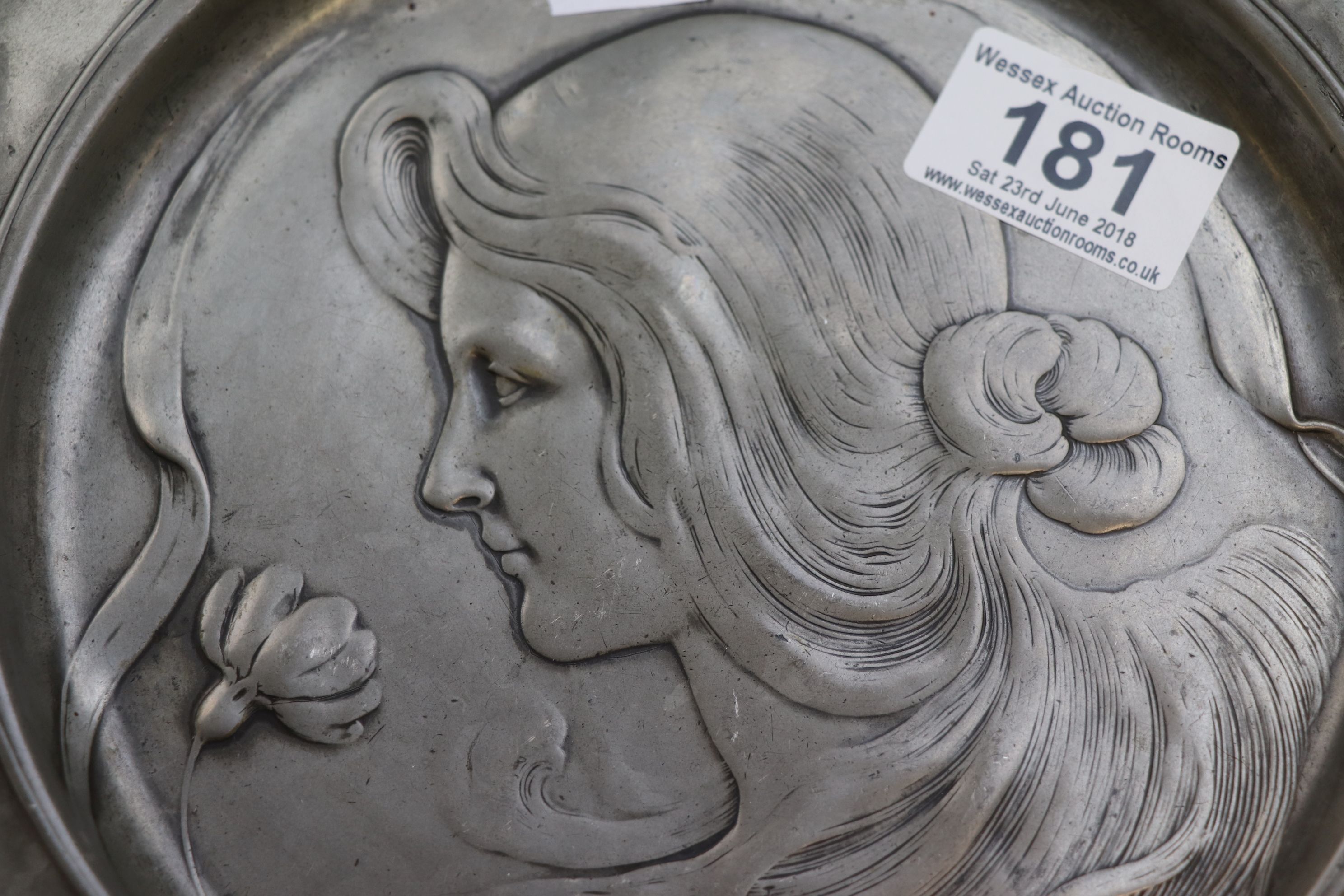 Art Nouveau Pewter Dish with Female Design - Image 2 of 3