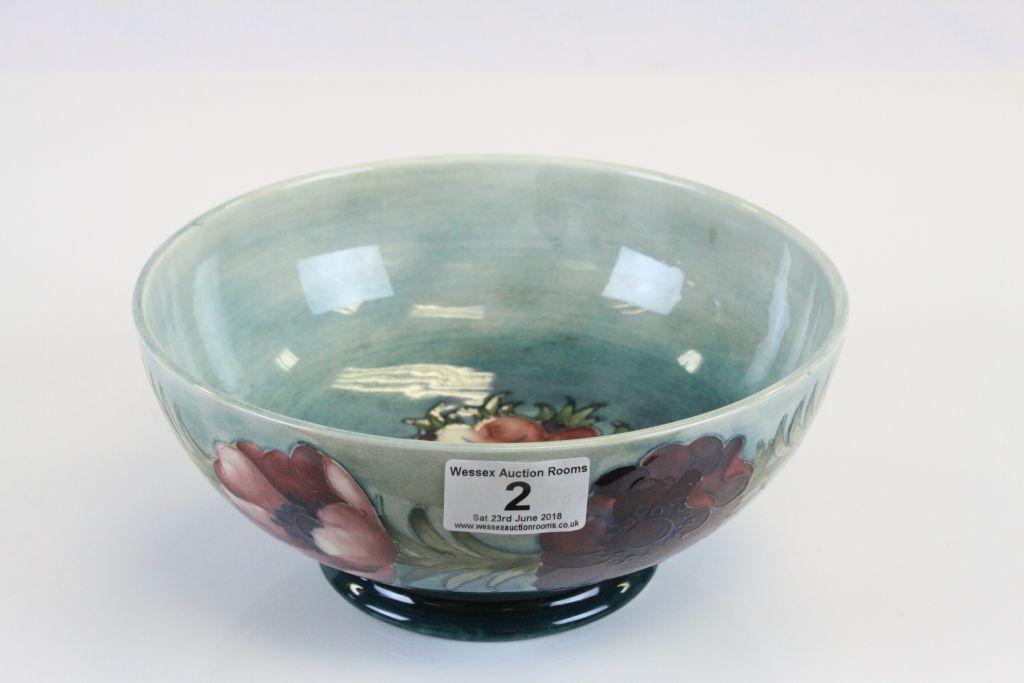 Moorcroft Anemone pattern bowl, green ground with red and purple anemone decoration, mid 20th