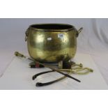 Brass coal bucket with paw feet and Lion mask handles plus three vintage Fire tools