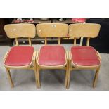 Three Retro Ben Style Beechwood Stacking Chairs with Red Vinyl Seats
