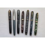 Seven vintage fountain pens, to include Conway Stewart No.388 lever fill fountain pen with 14ct gold