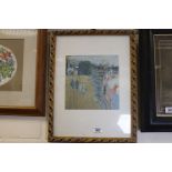 20th century a gilt framed print of a french impressionist scene with figures on a quay side