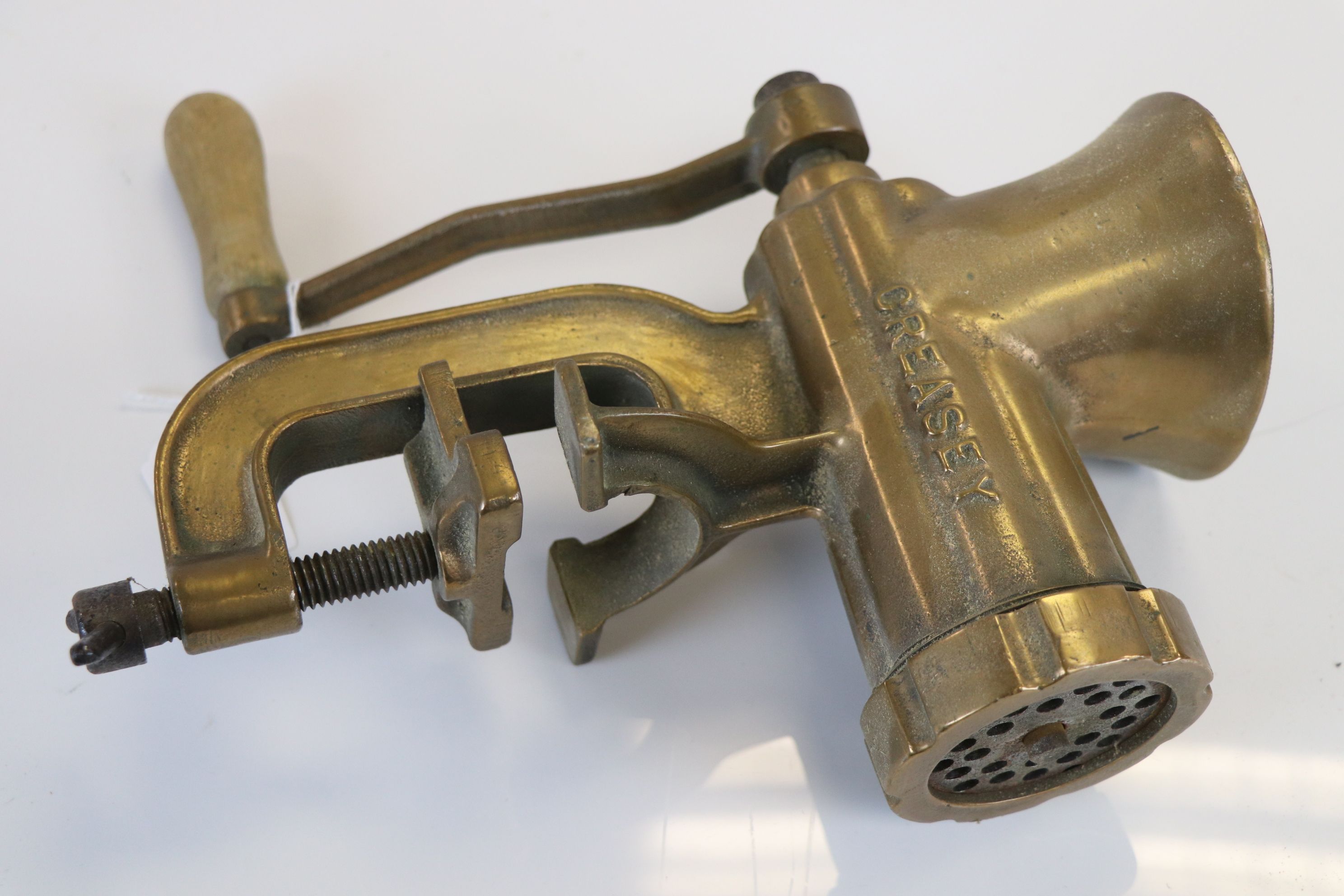 Creasey cast Brass or Bronze Mincer with wooden handle - Image 2 of 5