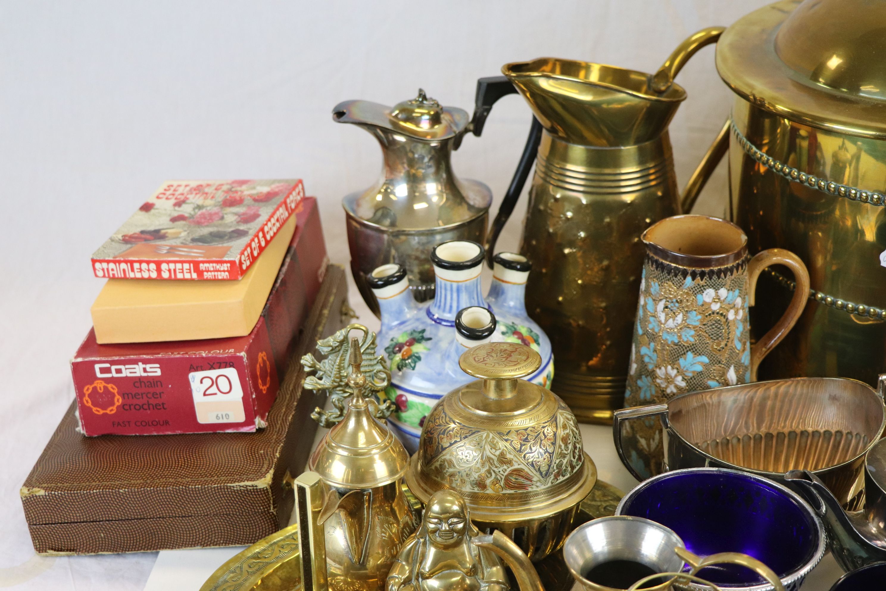 Box of mixed collectables to include a Silver plated Teaset and a Brass coal bucket with lid & liner - Image 2 of 9