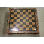 Stone Chess Board set in a Wooden Frame with Stone Chess Set (one piece missing)