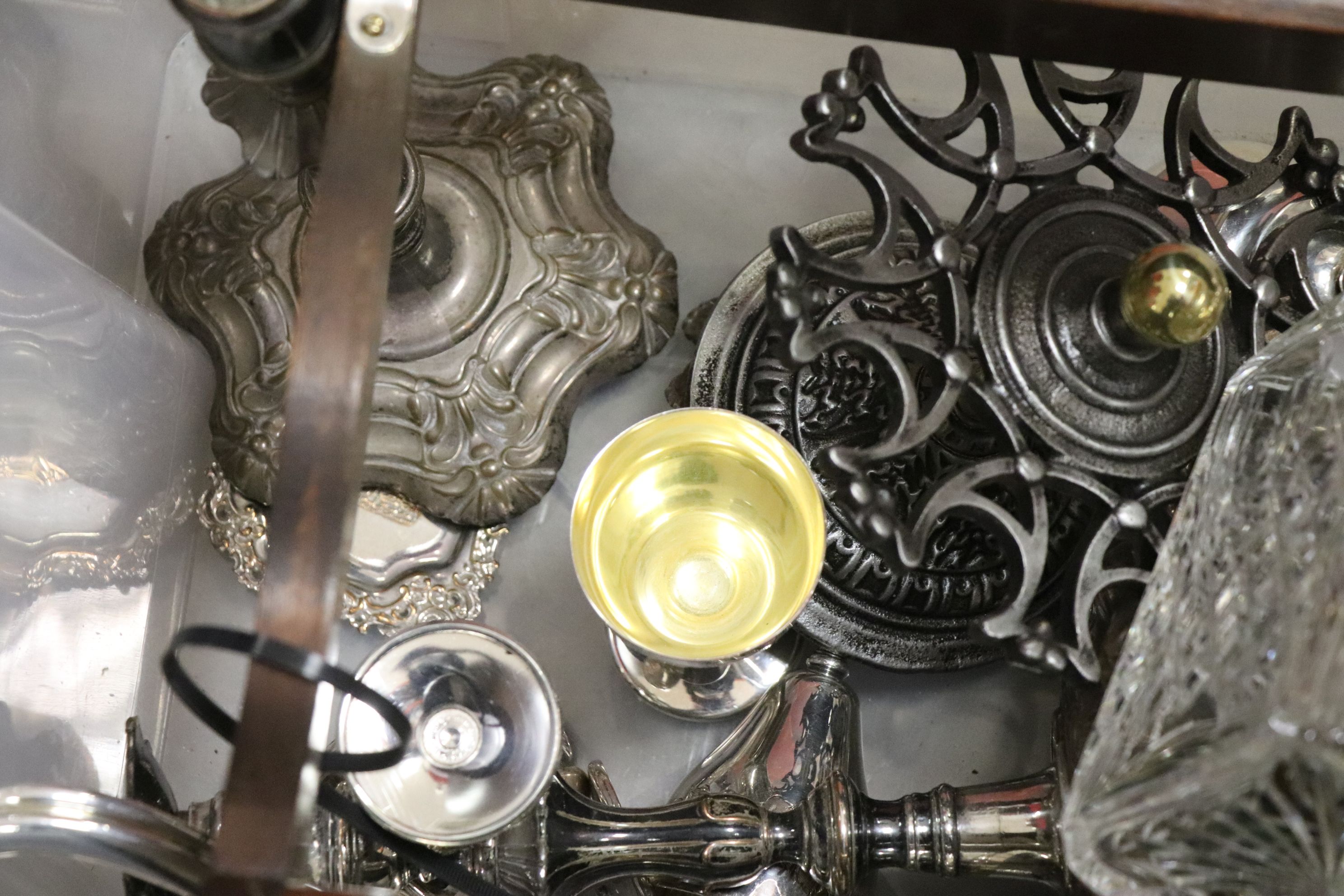 Collection of Metalware including Large 17th century Style Silver Plate Tankard, Three Brass - Image 3 of 4