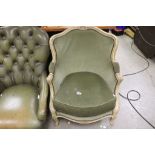 French Distressed Painted Ladies Armchair with Green Upholstery