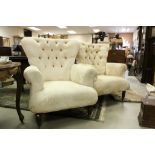 Pair of Cream Upholstered Button Wing Back Armchairs