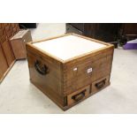 Oak Square Box Table with Two Drawers and Carrying Handles