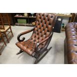 Buttoned Brown Leather Studded Rocking Chair