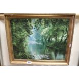 Celia K Russell, Signed Oil on Canvas, River in Woodland Scene, 34 x 44cm approx.