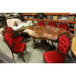 Inlaid Dining Table with Shaped Top and Glass Cover together with a Set of Six Dining Chairs with