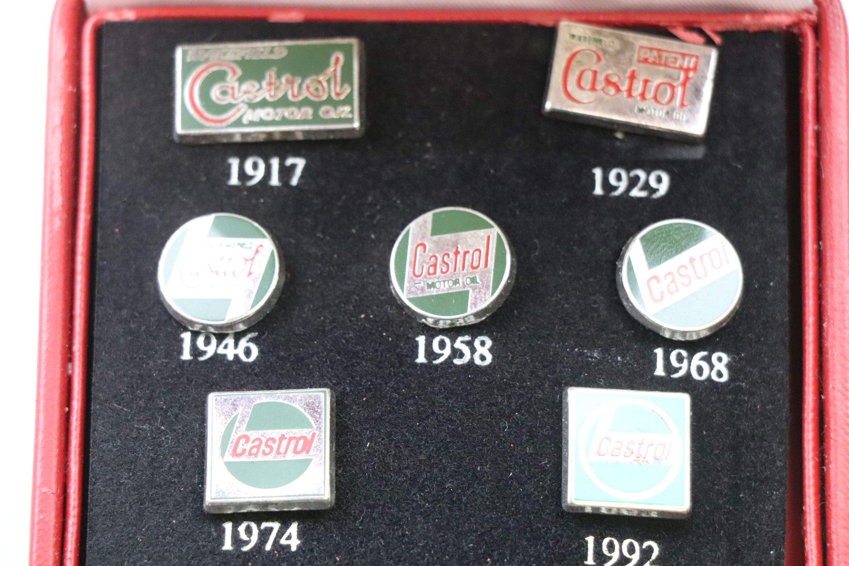 Seven Castrol motor oil advertising enamelled pin badges for years 1917, 1929, 1946, 1958, 1968, - Image 3 of 4