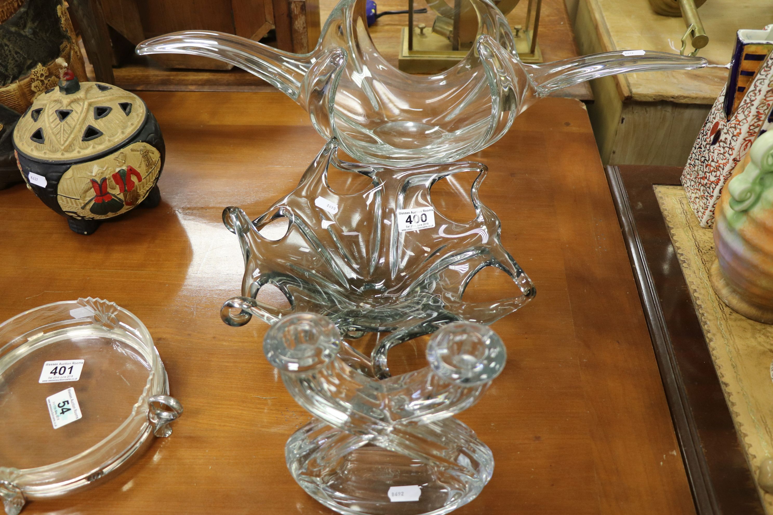 Two Art glass bowls of Naturalistic form and a French double candlestick with etched makers mark