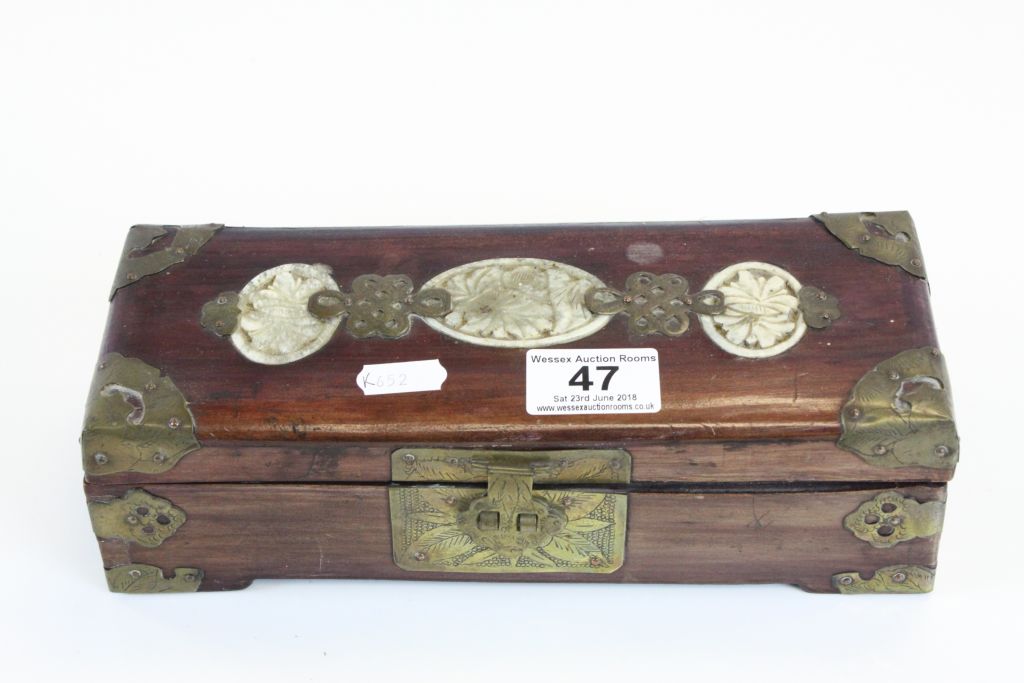 Oriental hardwood box with Brass and Bone detailing, containing a small amount of Costume jewellery - Image 2 of 4