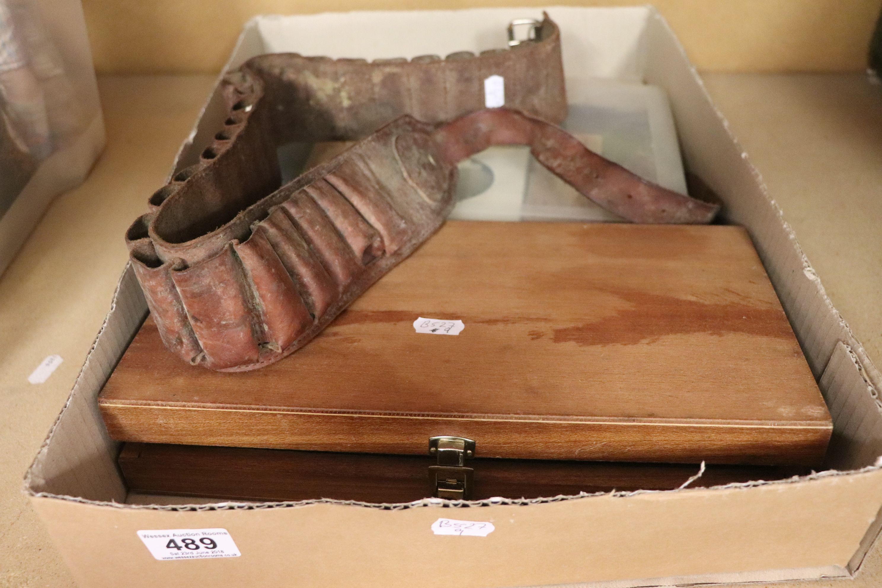 Two Cased Gun Cleaning Kits and a Vintage Leather Cartridge Belt