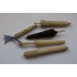 Five novelty needle cases to include bone parasol with clenched fist handle, bone parasol of