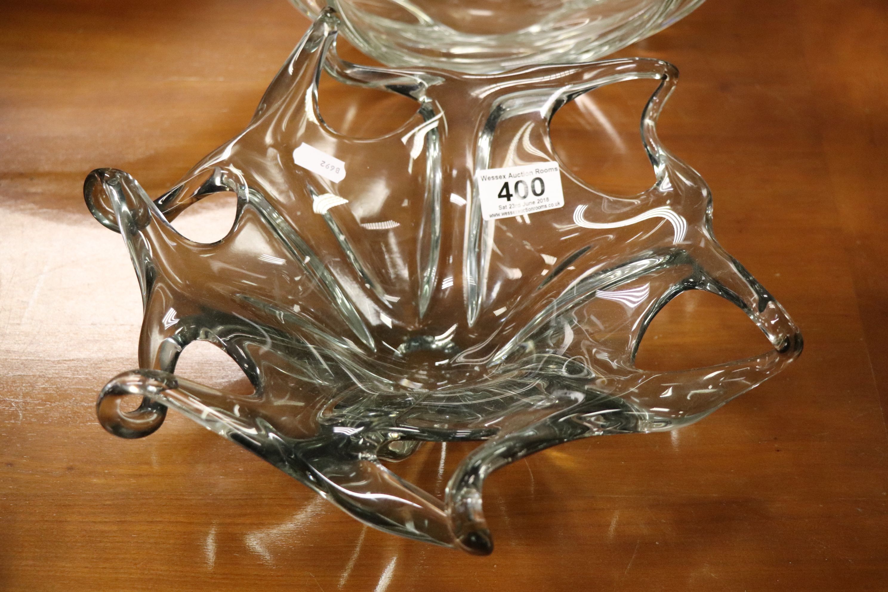 Two Art glass bowls of Naturalistic form and a French double candlestick with etched makers mark - Image 4 of 5