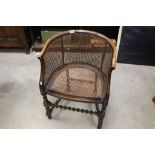 Early 20th century Tub Chair, Bergere Seat and Back with Barley-twist Front Cross Stretcher