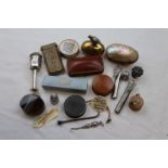 Assorted sewing items to include agate oval trinket box with hinge cover, mother-of-pearl trinket