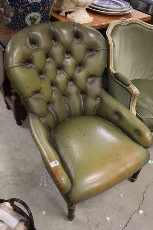 Late 19th century / Early 20th century Green Spoon Button Back Leather Chair with Brass Studs - Image 3 of 3