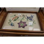 Early 20th century Wooden Framed Twin Handled Serving Tray, inset under glass with an embroidery