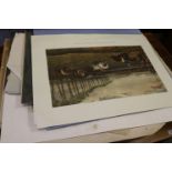 A folder of unframed art works to include oil paintings watercolours and a set of steeple chase