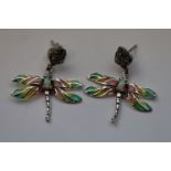 A pair of silver plique a jour dragonfly earrings