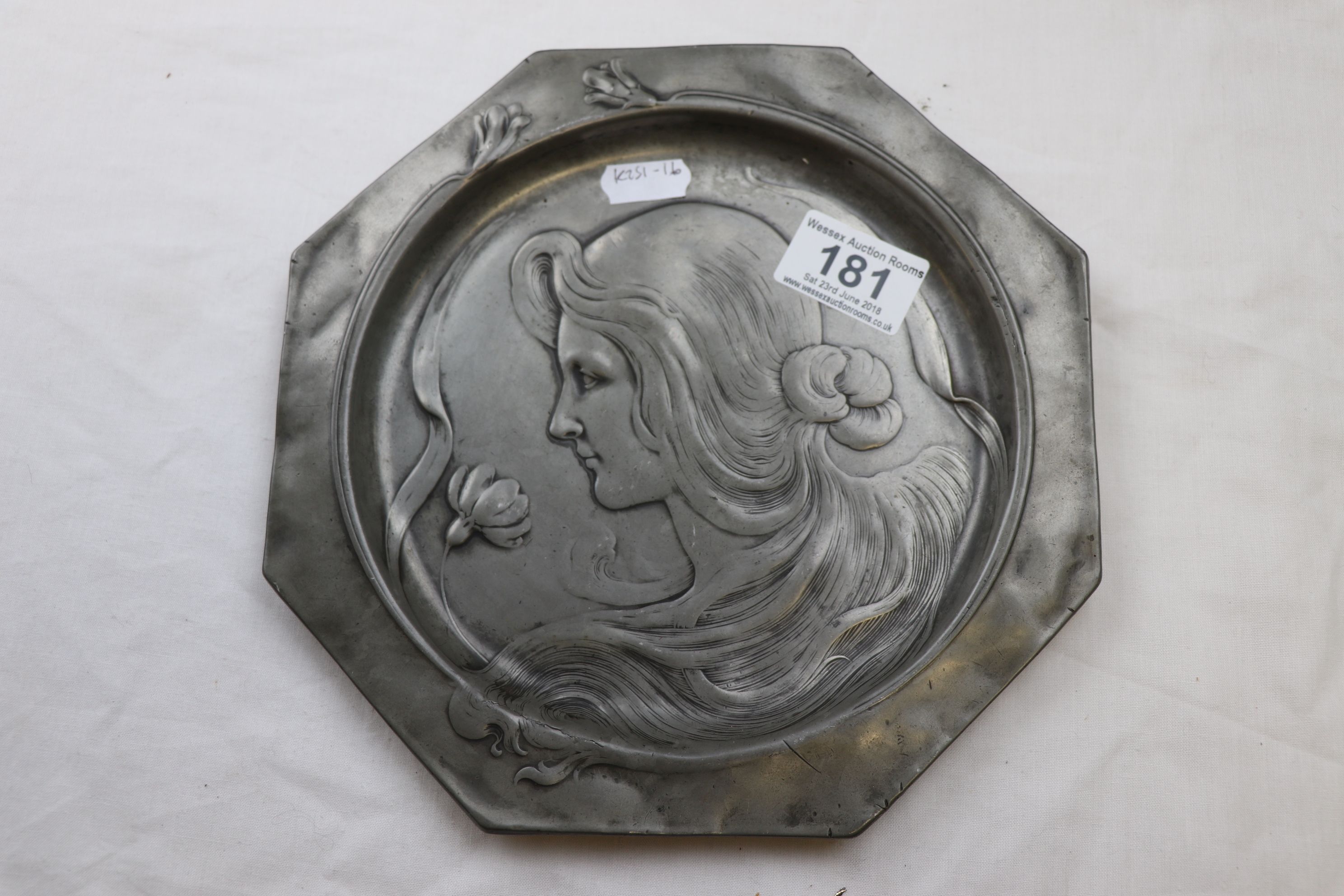 Art Nouveau Pewter Dish with Female Design