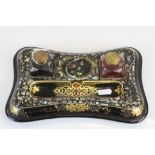 19th Century Papier Mache ink stand with Mother of Pearl inlay and two Brass topped glass Inkwells