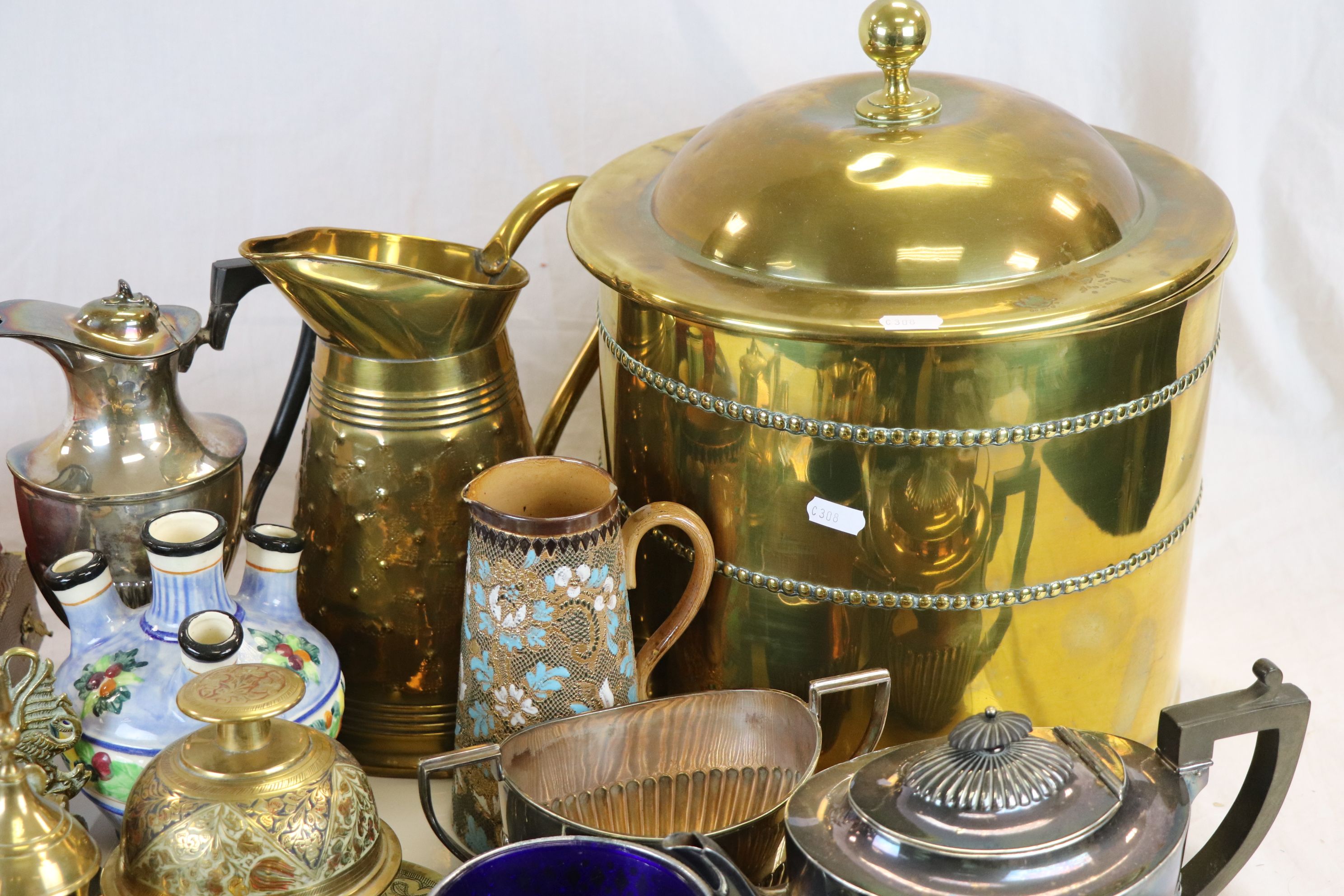 Box of mixed collectables to include a Silver plated Teaset and a Brass coal bucket with lid & liner - Image 5 of 9