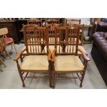 Set of Eight Oak Lancashire Style Spindle Back Dining Chairs with String Seats (including two