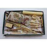 Assorted vintage bone handled knitting needles and sewing ephemera and tools, bone lace pegs, two