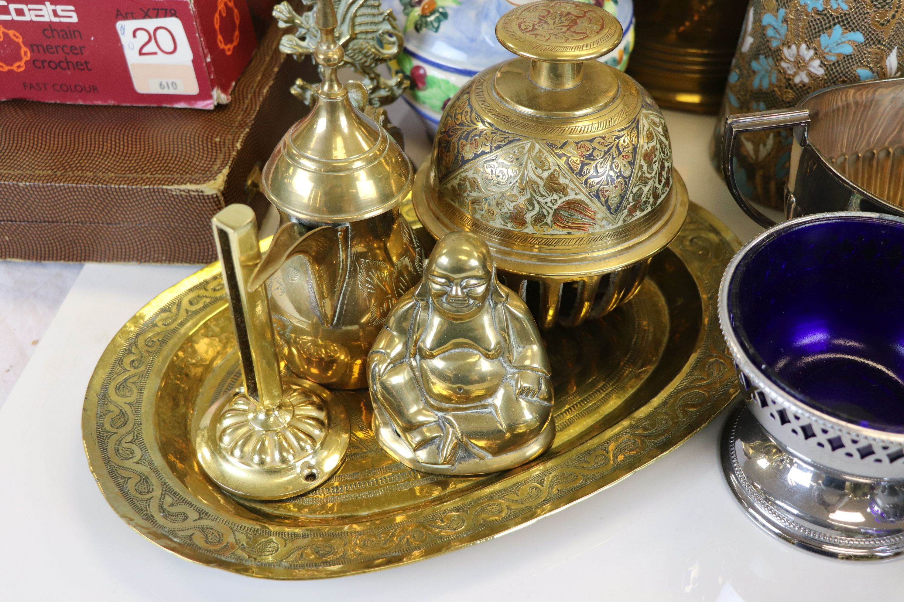 Box of mixed collectables to include a Silver plated Teaset and a Brass coal bucket with lid & liner - Image 7 of 9