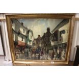 R J Mitchell (20th Century) Signed Oil on Canvas Victorian Street Scene with Shops & Figures, 60 x