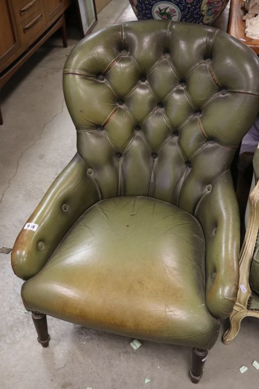 Late 19th century / Early 20th century Green Spoon Button Back Leather Chair with Brass Studs
