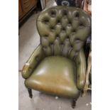 Late 19th century / Early 20th century Green Spoon Button Back Leather Chair with Brass Studs